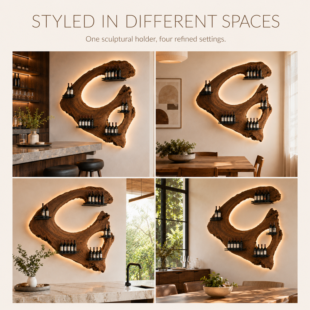 Solid Wood Wall Wine Rack with Glass Holder - Floating Rail - product image 11