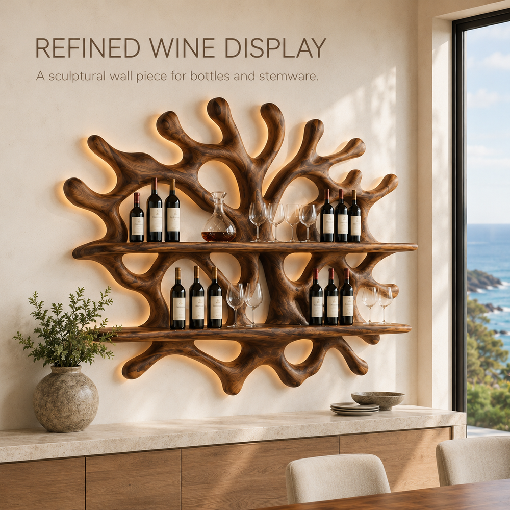 Solid Wood Wall Wine Rack with Glass Holder - River Form - product image 02