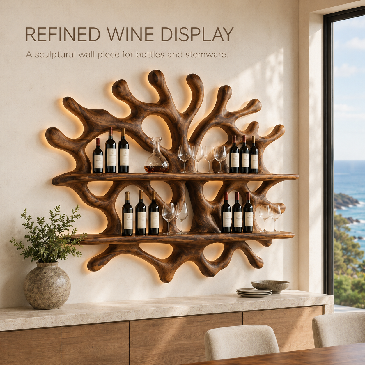 Solid Wood Wall Wine Rack with Glass Holder - River Form - product image 02