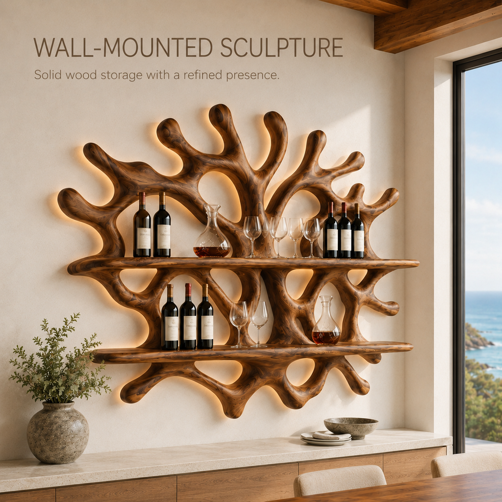 Solid Wood Wall Wine Rack with Glass Holder - River Form - product image 03