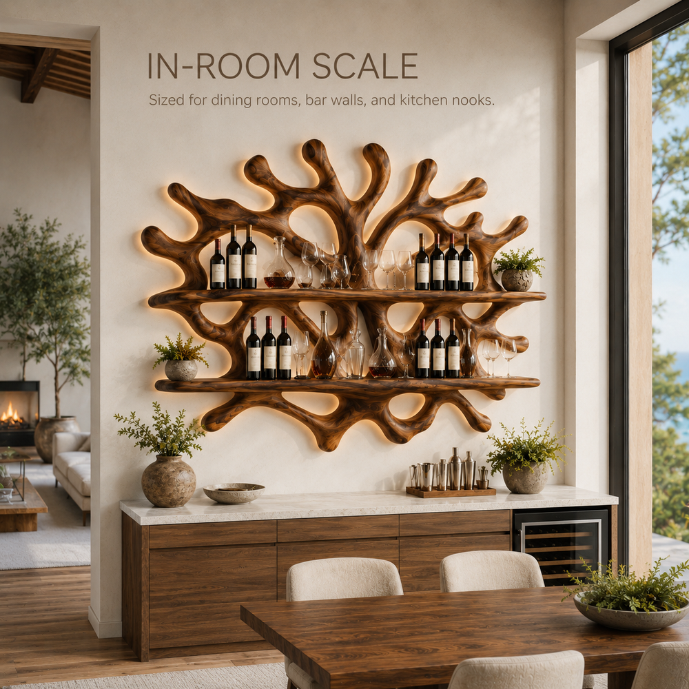 Solid Wood Wall Wine Rack with Glass Holder - River Form - product image 04