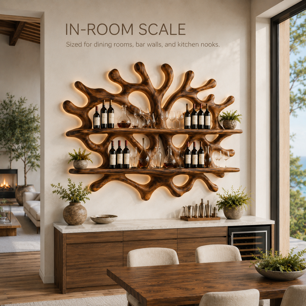 Solid Wood Wall Wine Rack with Glass Holder - River Form - product image 04