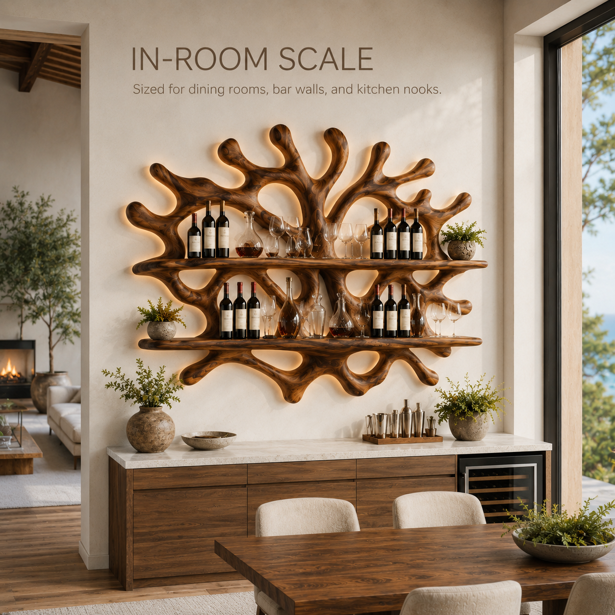 Solid Wood Wall Wine Rack with Glass Holder - River Form - product image 04