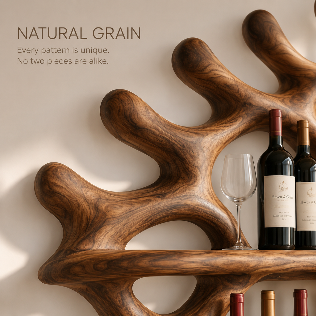 Solid Wood Wall Wine Rack with Glass Holder - River Form - product image 05