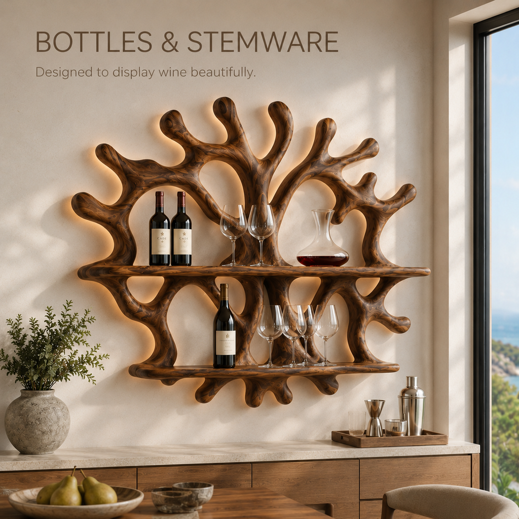 Solid Wood Wall Wine Rack with Glass Holder - River Form - product image 07