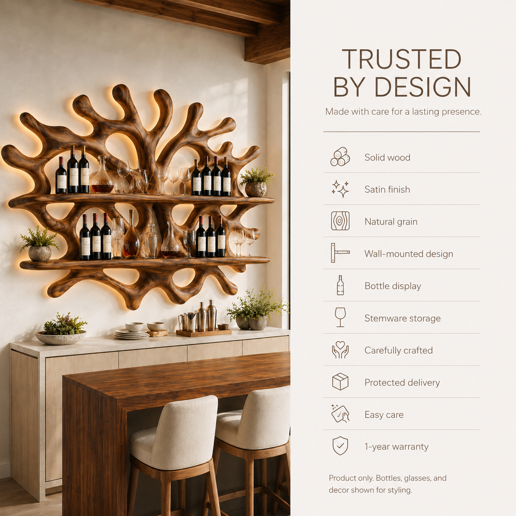 Solid Wood Wall Wine Rack with Glass Holder - River Form - product image 09