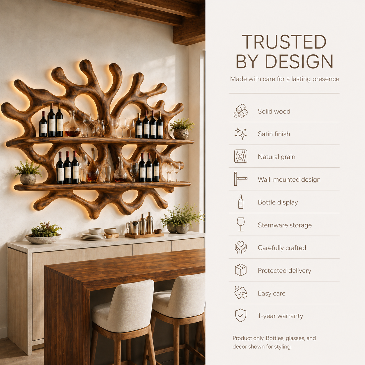 Solid Wood Wall Wine Rack with Glass Holder - River Form - product image 09