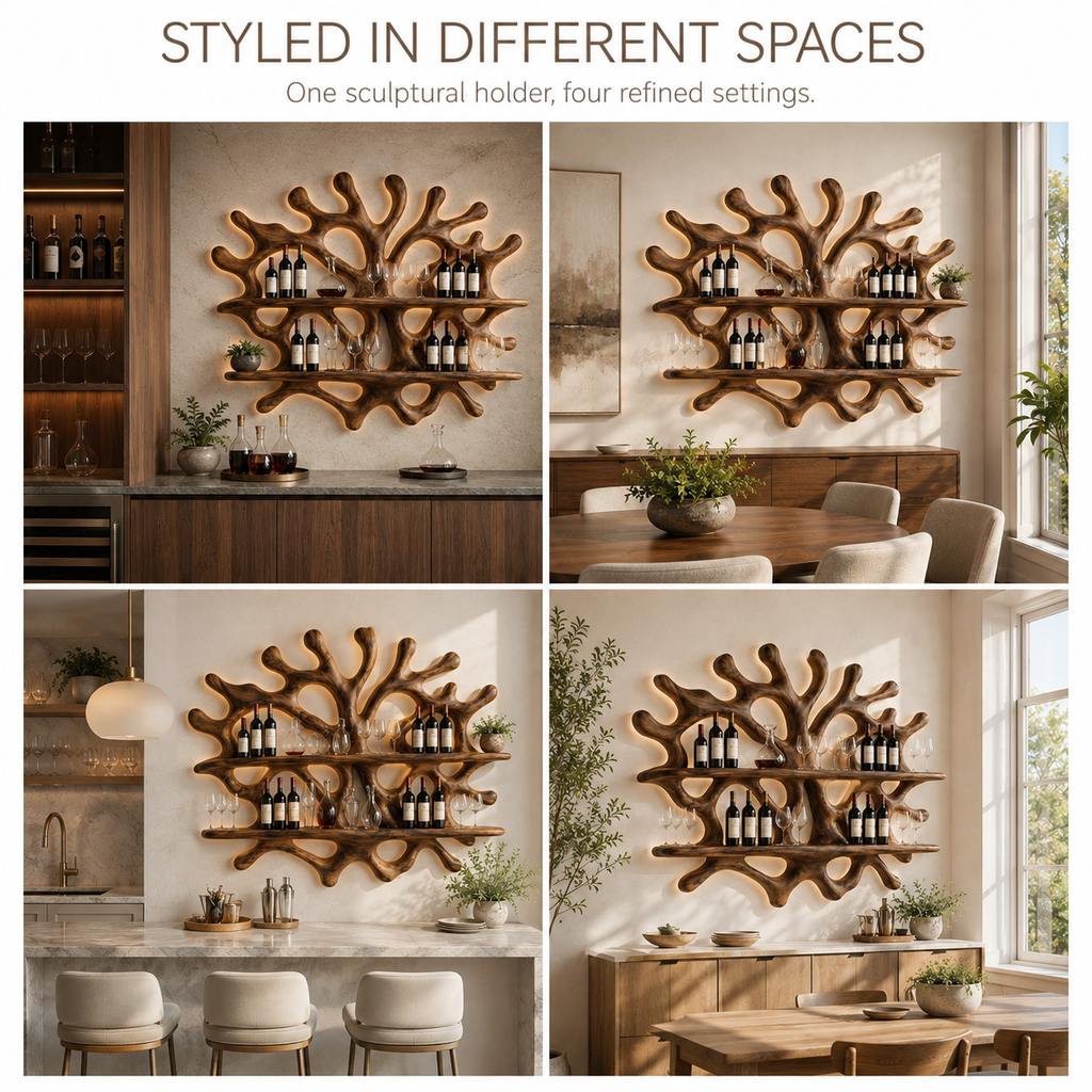 Solid Wood Wall Wine Rack with Glass Holder - River Form - product image 10
