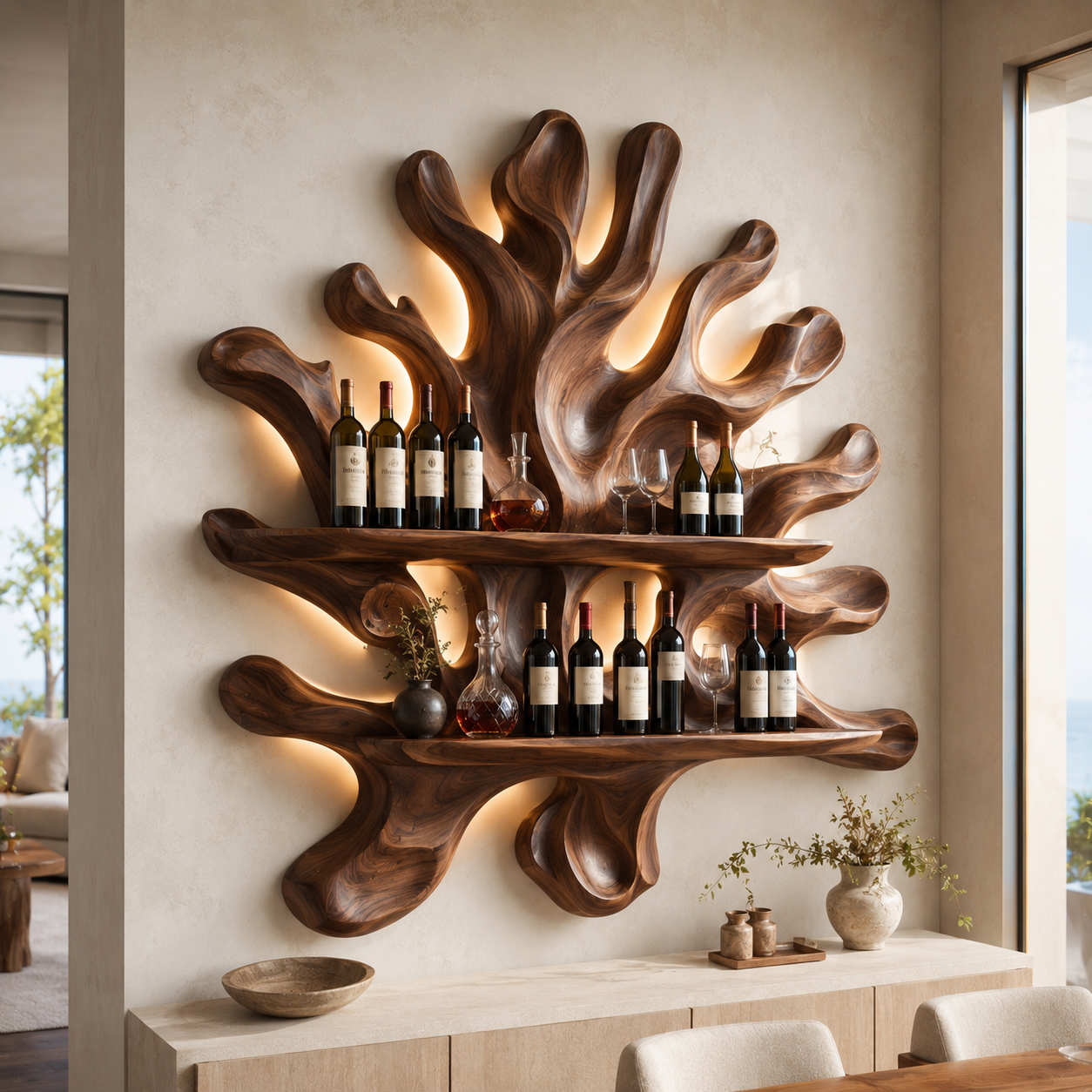 Solid Wood Wall Wine Rack with Glass Holder - Cellular Display - main view