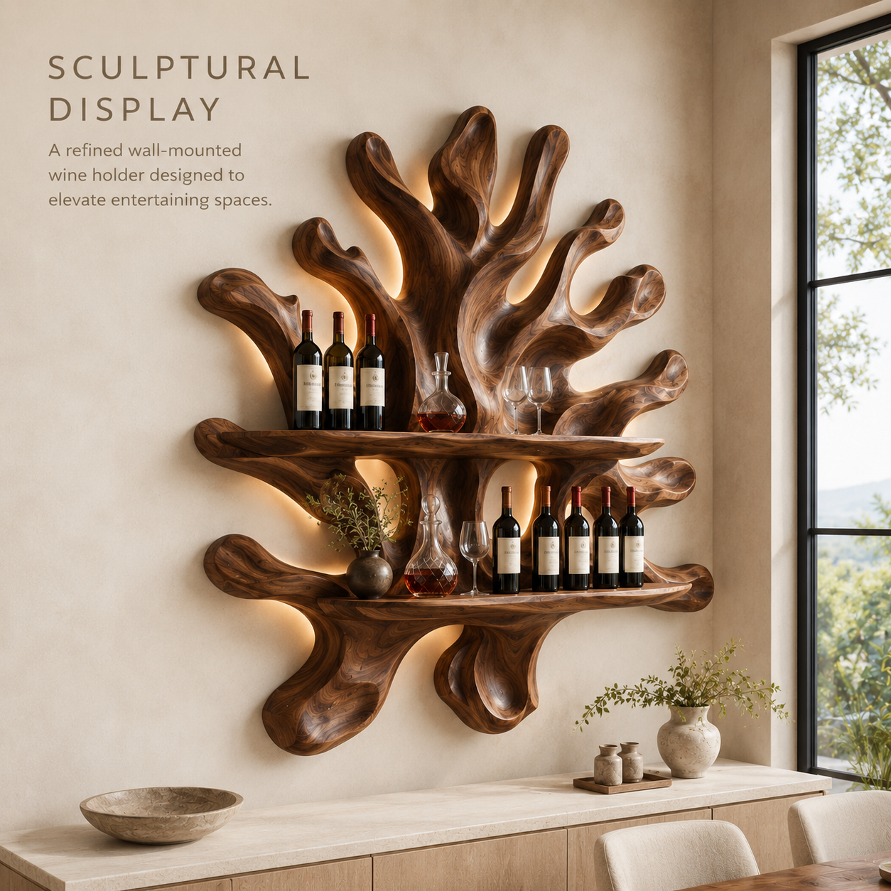 Solid Wood Wall Wine Rack with Glass Holder - Cellular Display - product image 02
