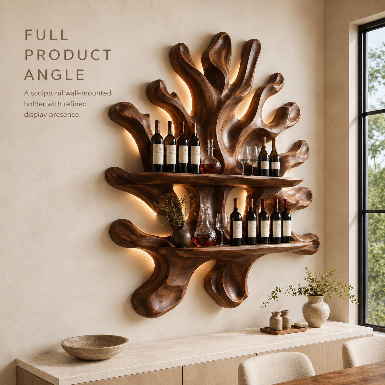 Solid Wood Wall Wine Rack with Glass Holder - Cellular Display - product image 03