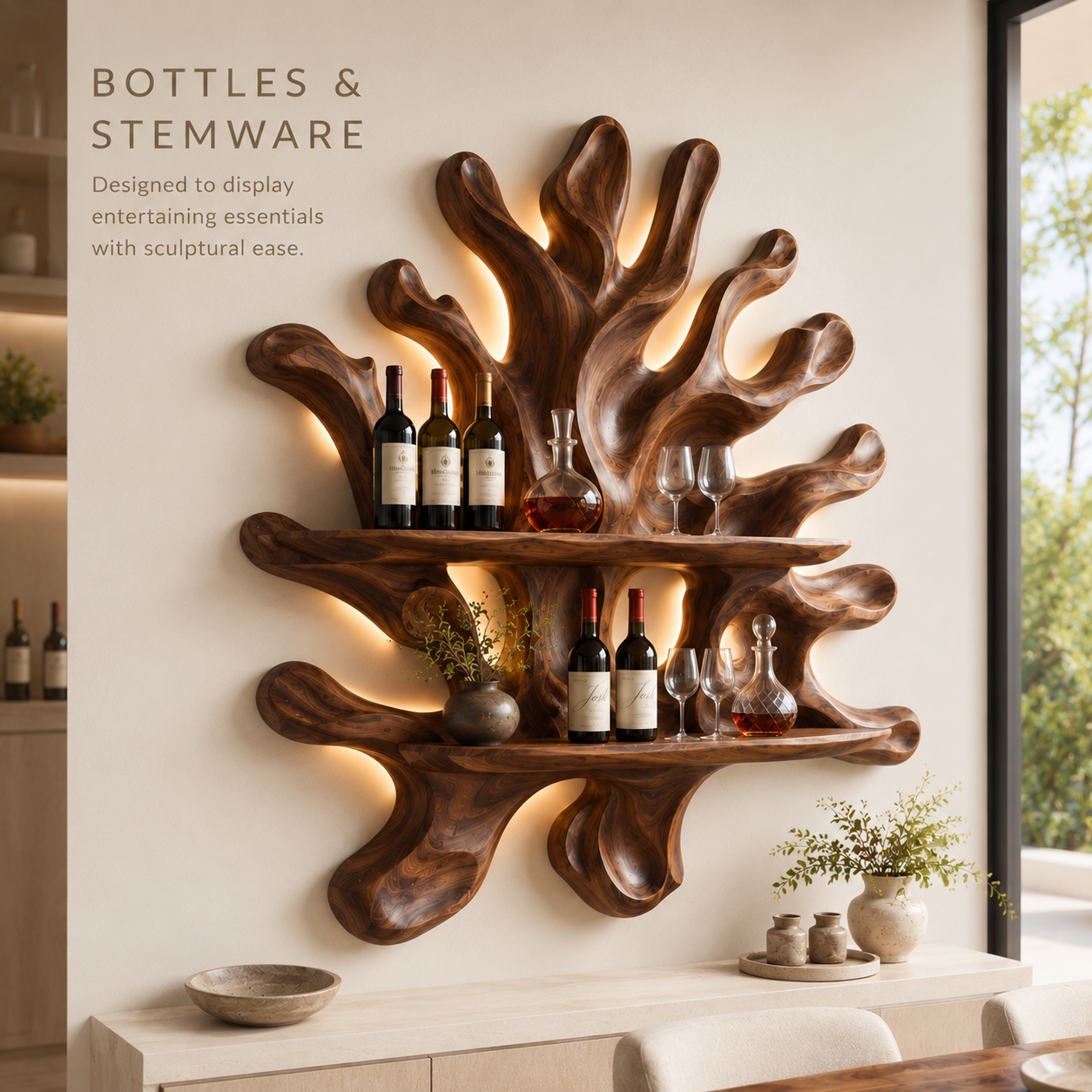 Solid Wood Wall Wine Rack with Glass Holder - Cellular Display - product image 07