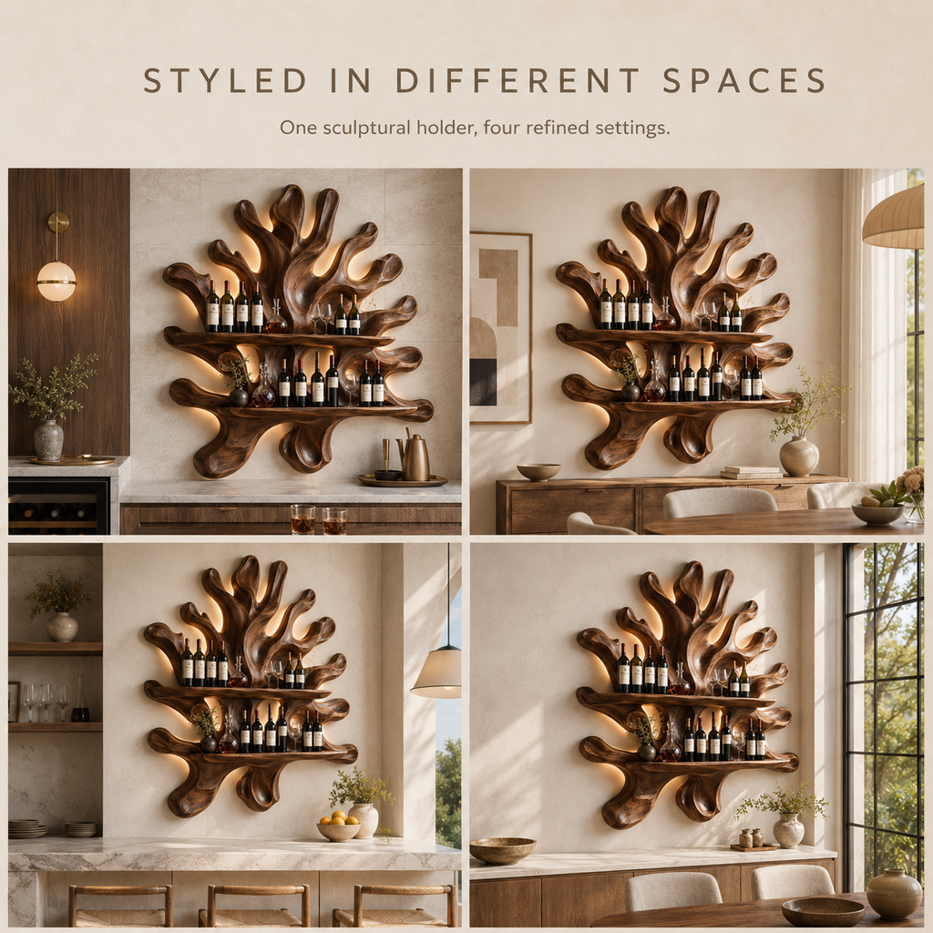 Solid Wood Wall Wine Rack with Glass Holder - Cellular Display - product image 10