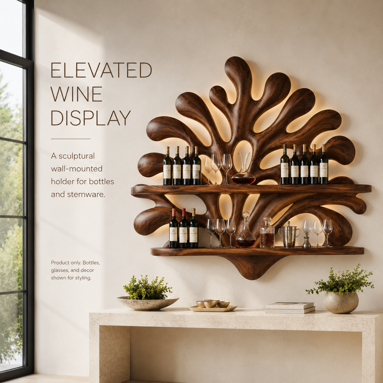 Solid Wood Wall Wine Rack with Glass Holder - Carved Halo - product image 02