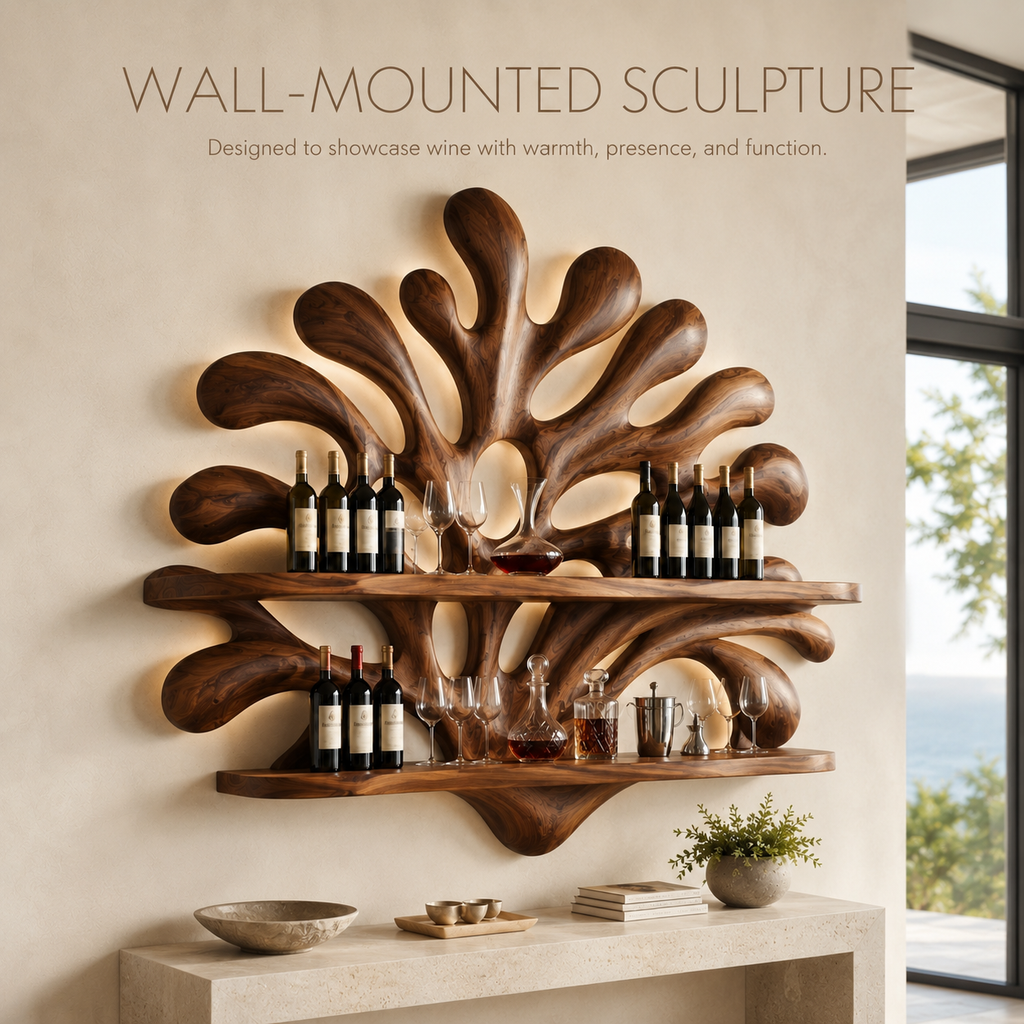 Solid Wood Wall Wine Rack with Glass Holder - Carved Halo - product image 03