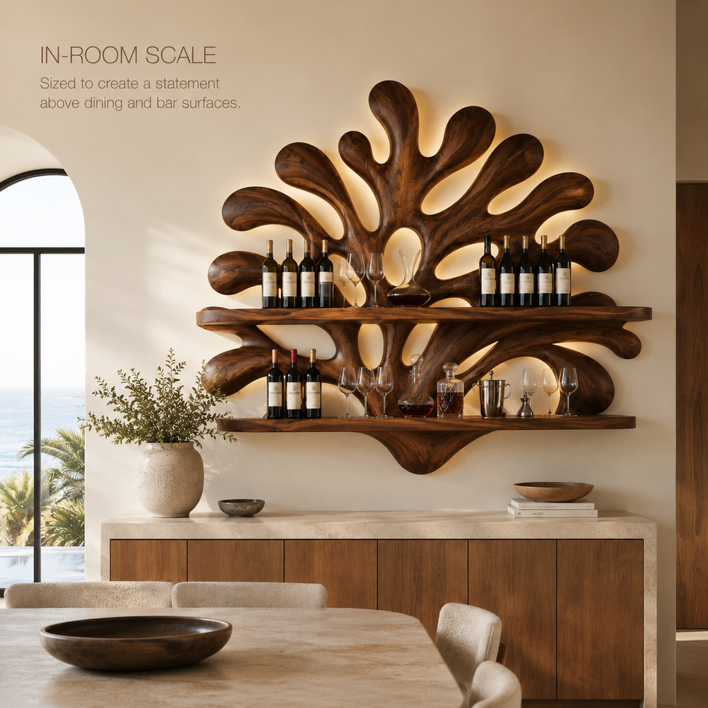 Solid Wood Wall Wine Rack with Glass Holder - Carved Halo - product image 04