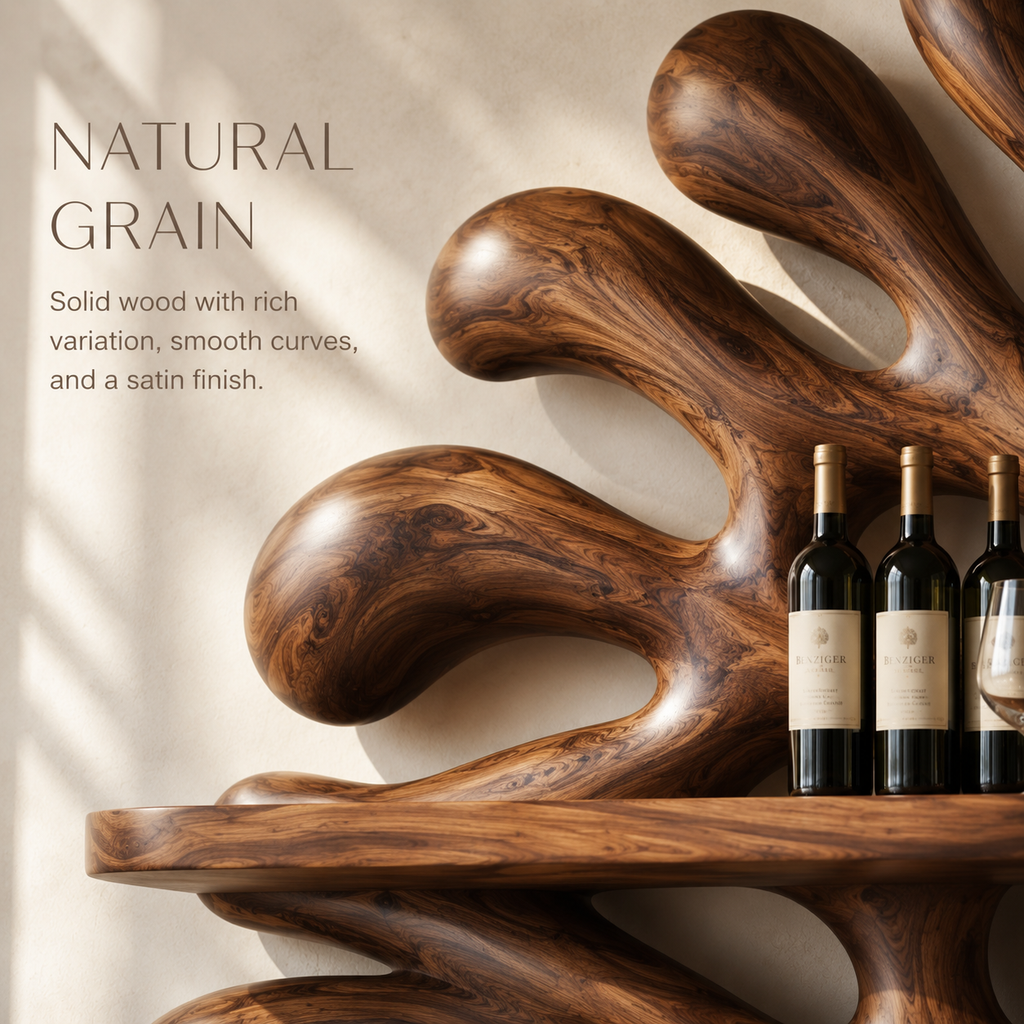 Solid Wood Wall Wine Rack with Glass Holder - Carved Halo - product image 05
