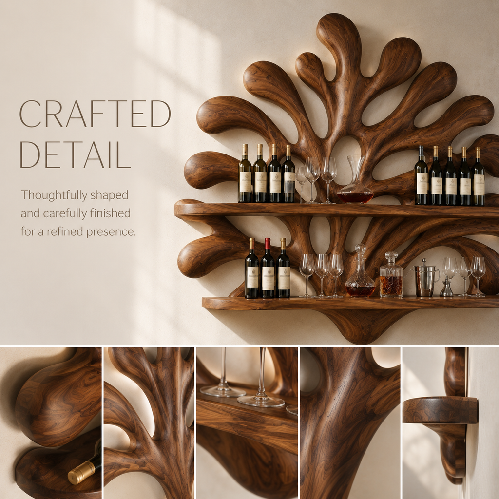 Solid Wood Wall Wine Rack with Glass Holder - Carved Halo - product image 06