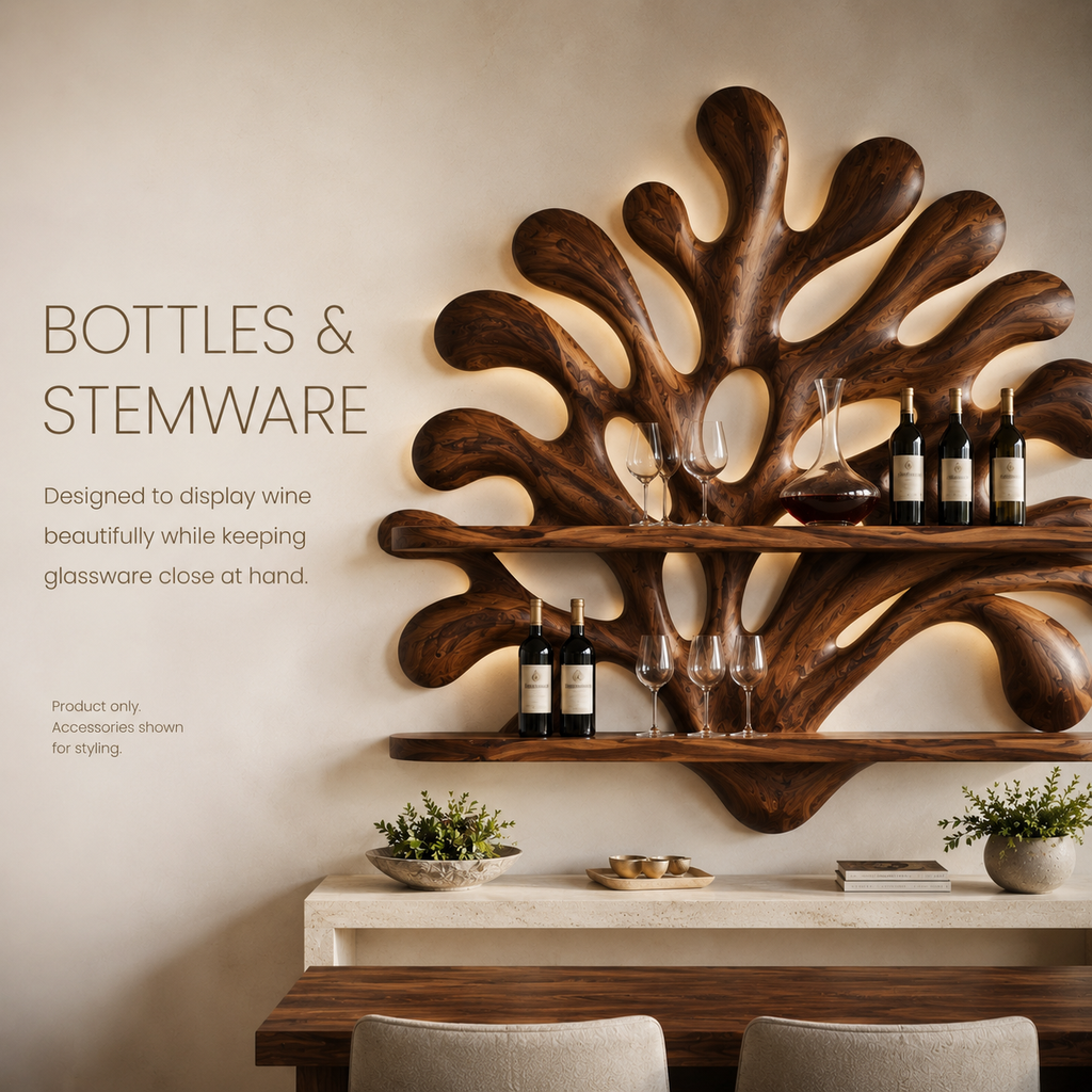 Solid Wood Wall Wine Rack with Glass Holder - Carved Halo - product image 07