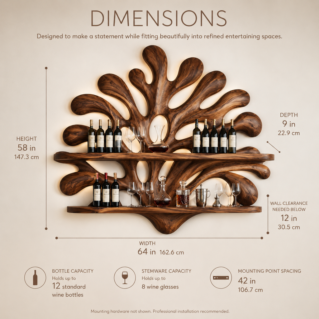 Solid Wood Wall Wine Rack with Glass Holder - Carved Halo - product image 08