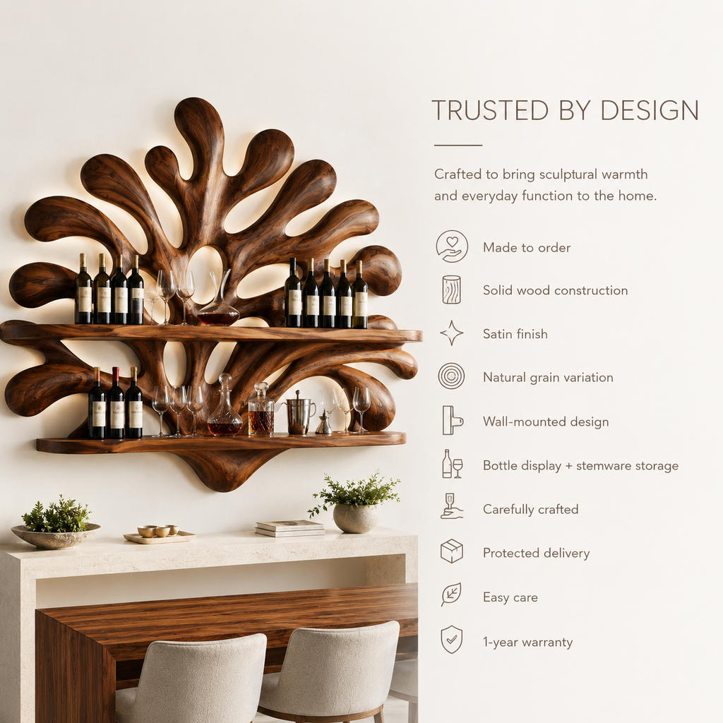 Solid Wood Wall Wine Rack with Glass Holder - Carved Halo - product image 09