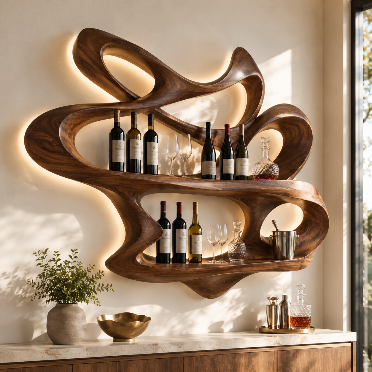 Solid Wood Wall Wine Rack with Glass Holder - Root Form - main view