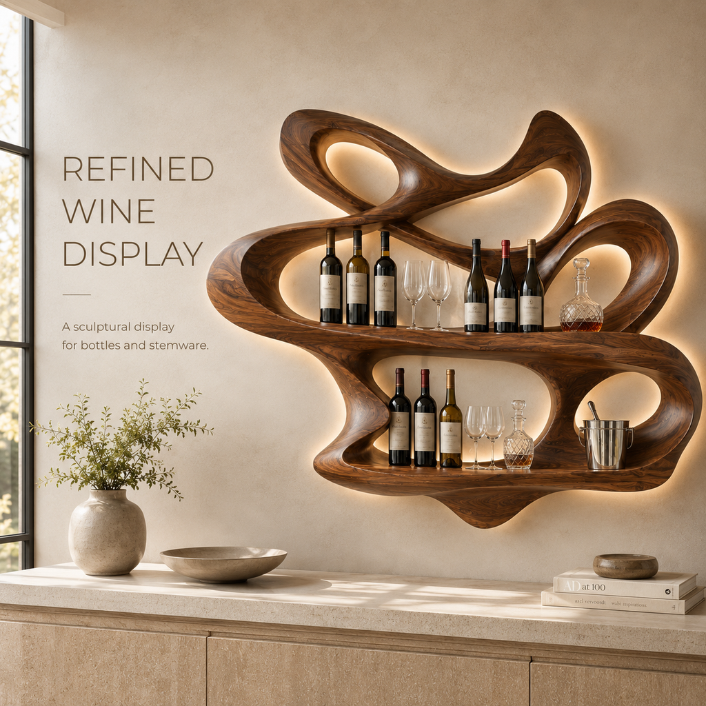 Solid Wood Wall Wine Rack with Glass Holder - Root Form - product image 02