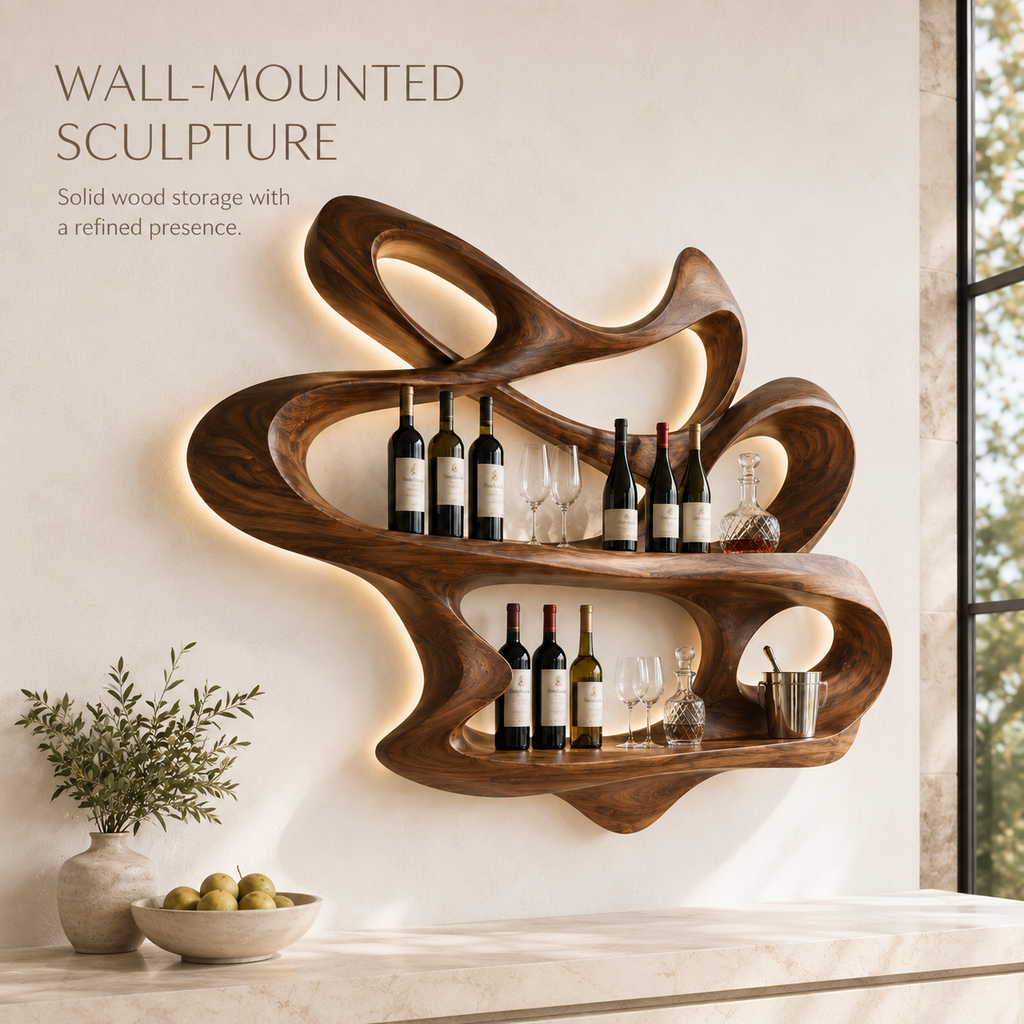 Solid Wood Wall Wine Rack with Glass Holder - Root Form - product image 03