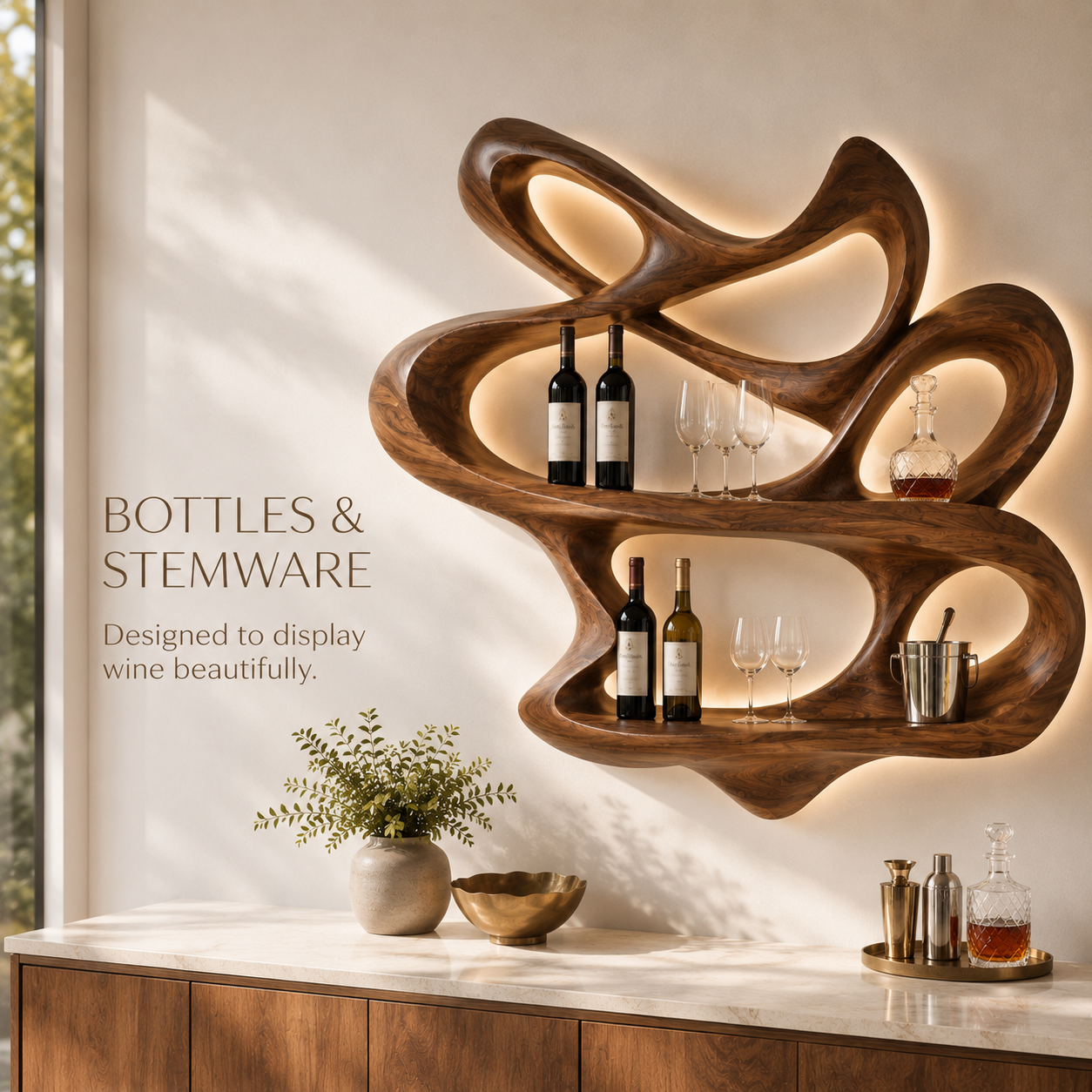 Solid Wood Wall Wine Rack with Glass Holder - Root Form - product image 07