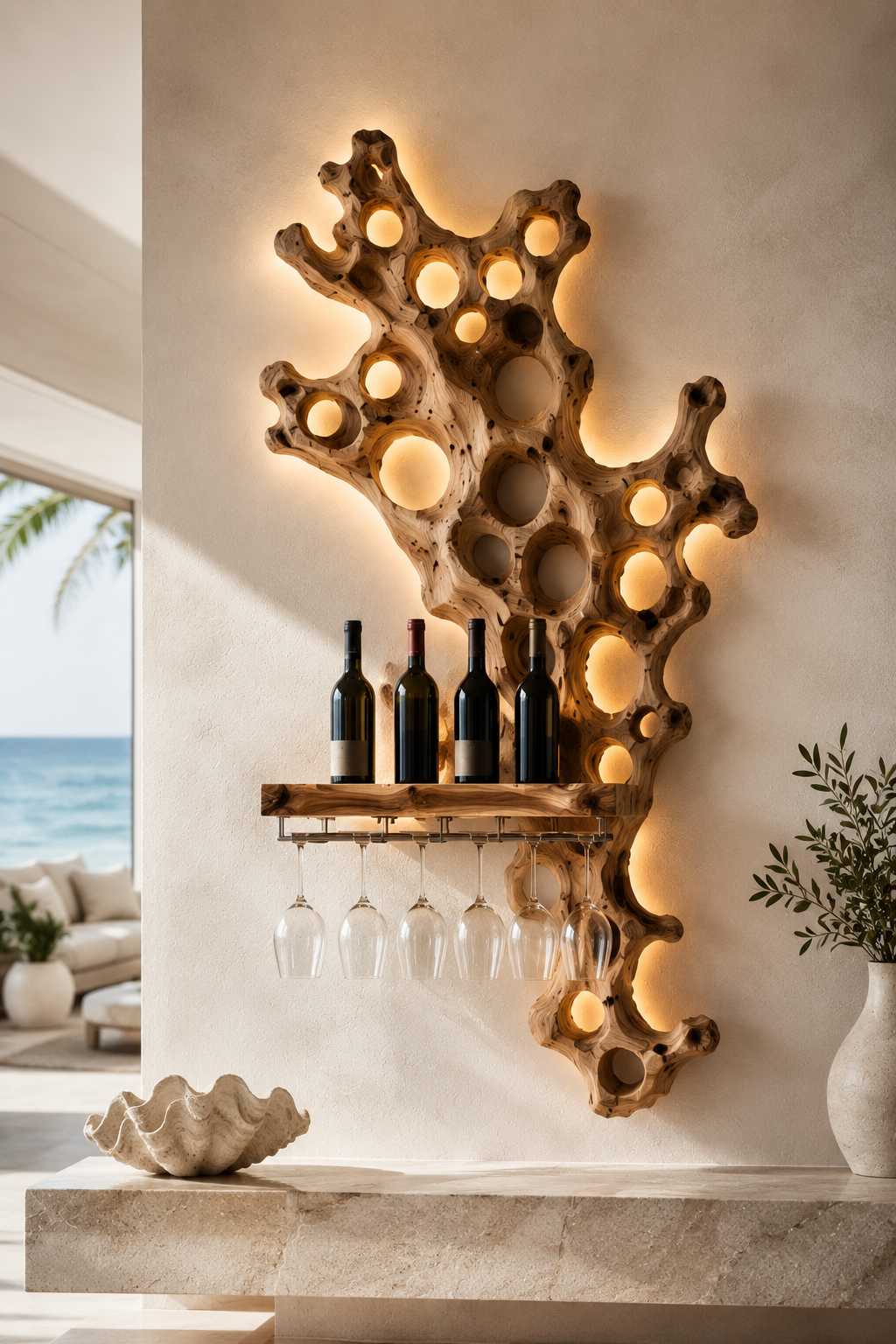 Solid Wood Wall Wine Rack with Glass Holder - Architectural Slab - main view