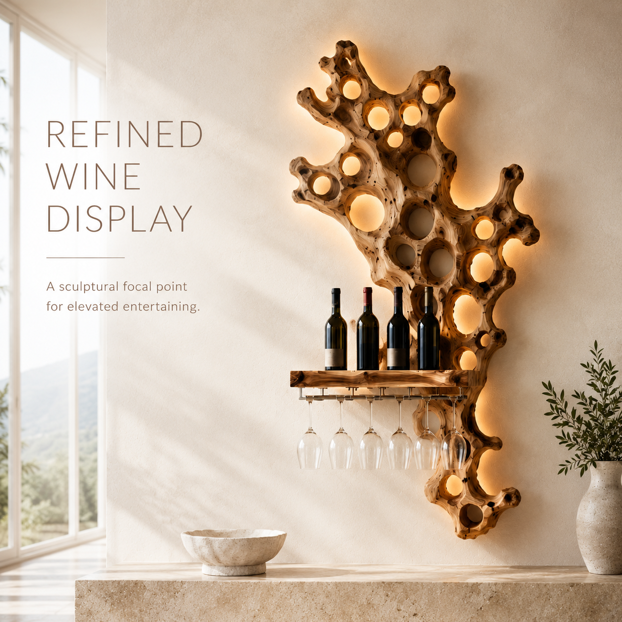 Solid Wood Wall Wine Rack with Glass Holder - Architectural Slab - product image 02