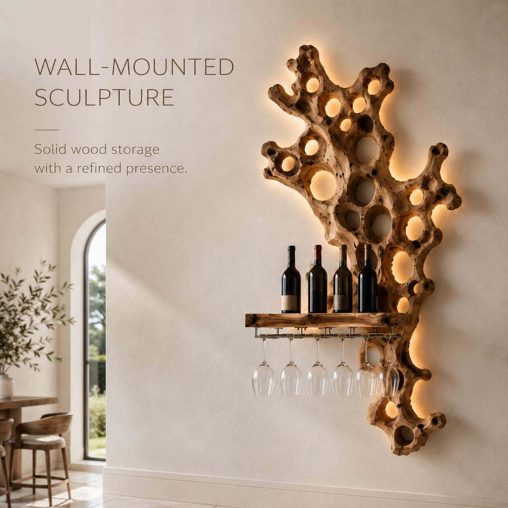 Solid Wood Wall Wine Rack with Glass Holder - Architectural Slab - product image 03