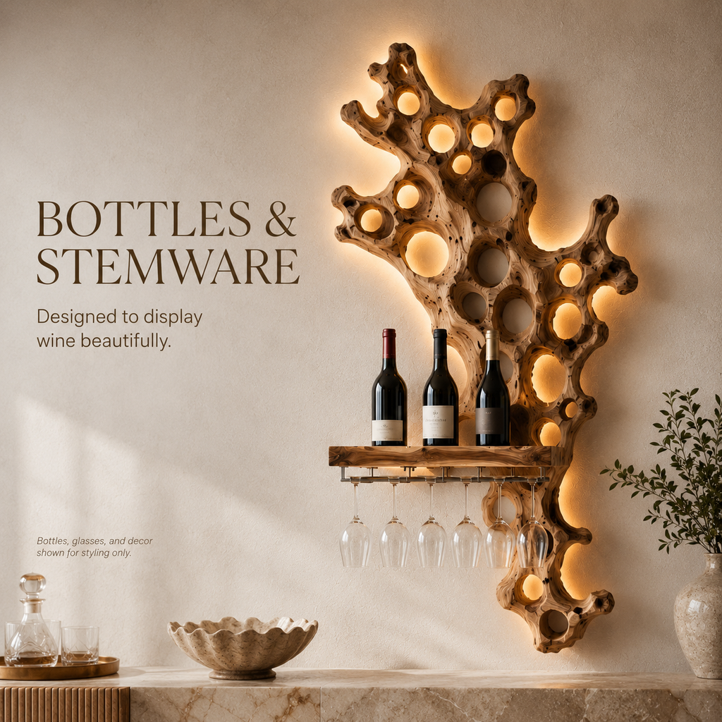 Solid Wood Wall Wine Rack with Glass Holder - Architectural Slab - product image 07