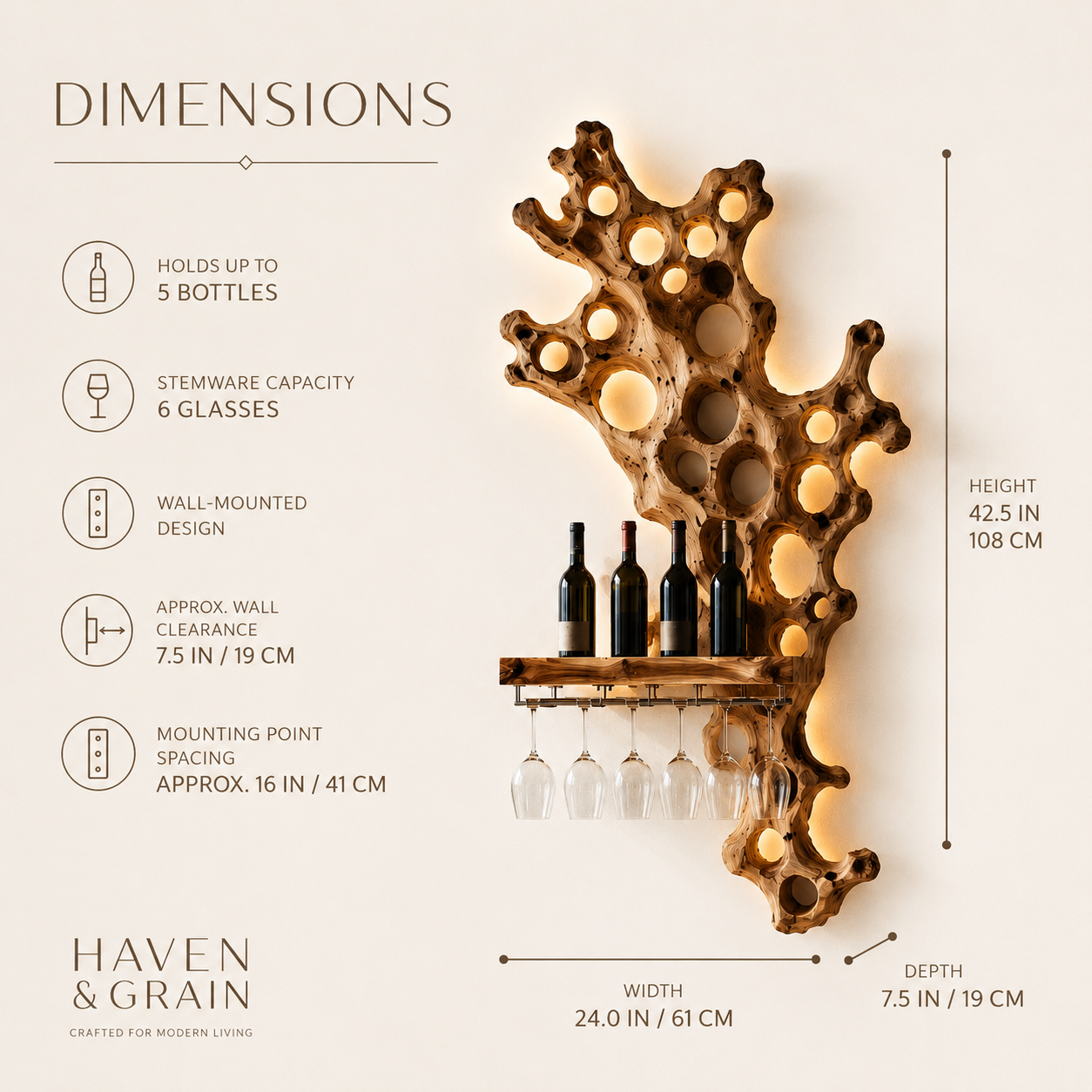 Solid Wood Wall Wine Rack with Glass Holder - Architectural Slab - product image 08