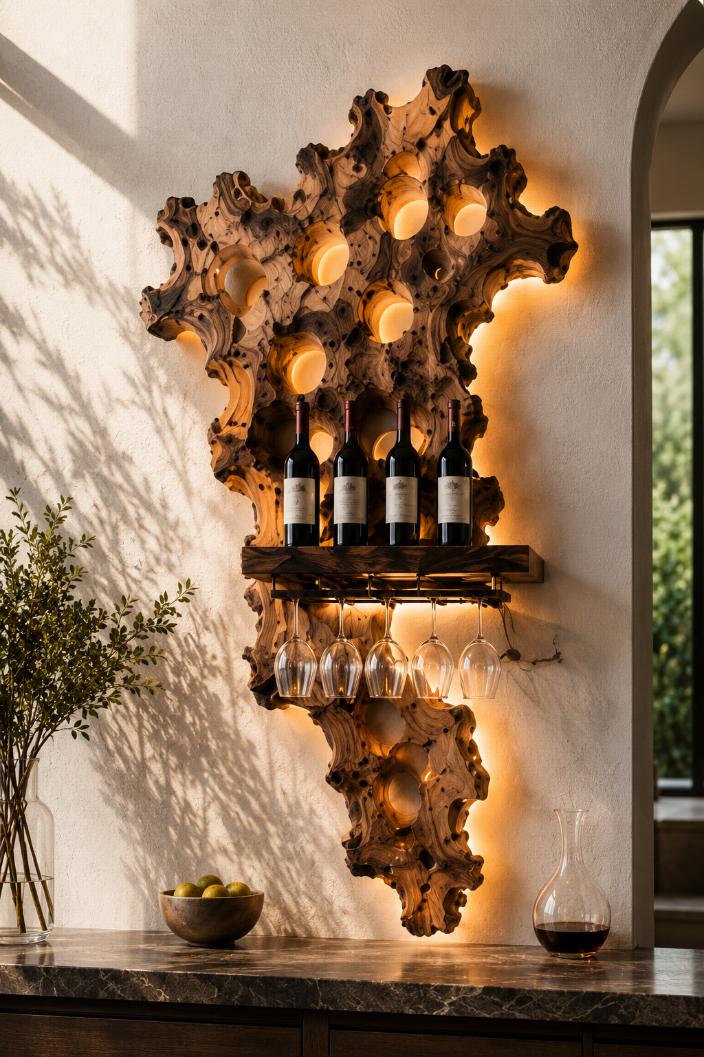 Solid Wood Wall Wine Rack with Glass Holder - Driftwood Curve - main view