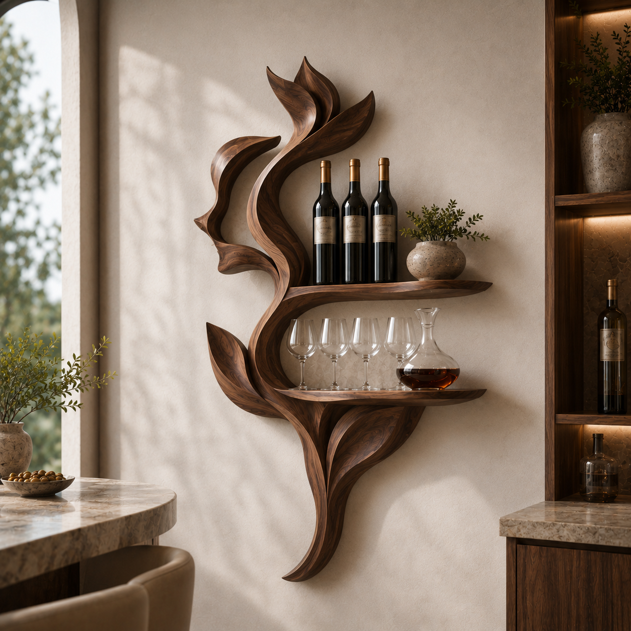 Solid Wood Wall Wine Rack with Glass Holder - Sculptural Flame - main view
