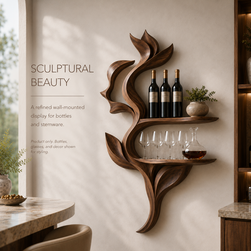 Solid Wood Wall Wine Rack with Glass Holder - Sculptural Flame - product image 02