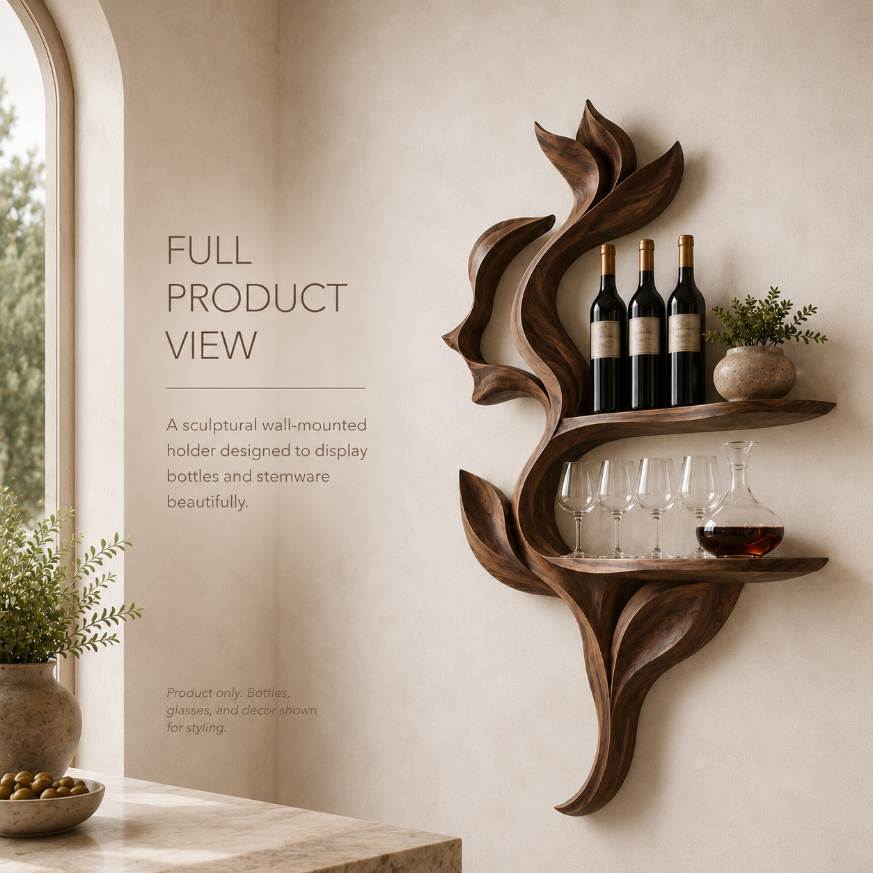 Solid Wood Wall Wine Rack with Glass Holder - Sculptural Flame - product image 03