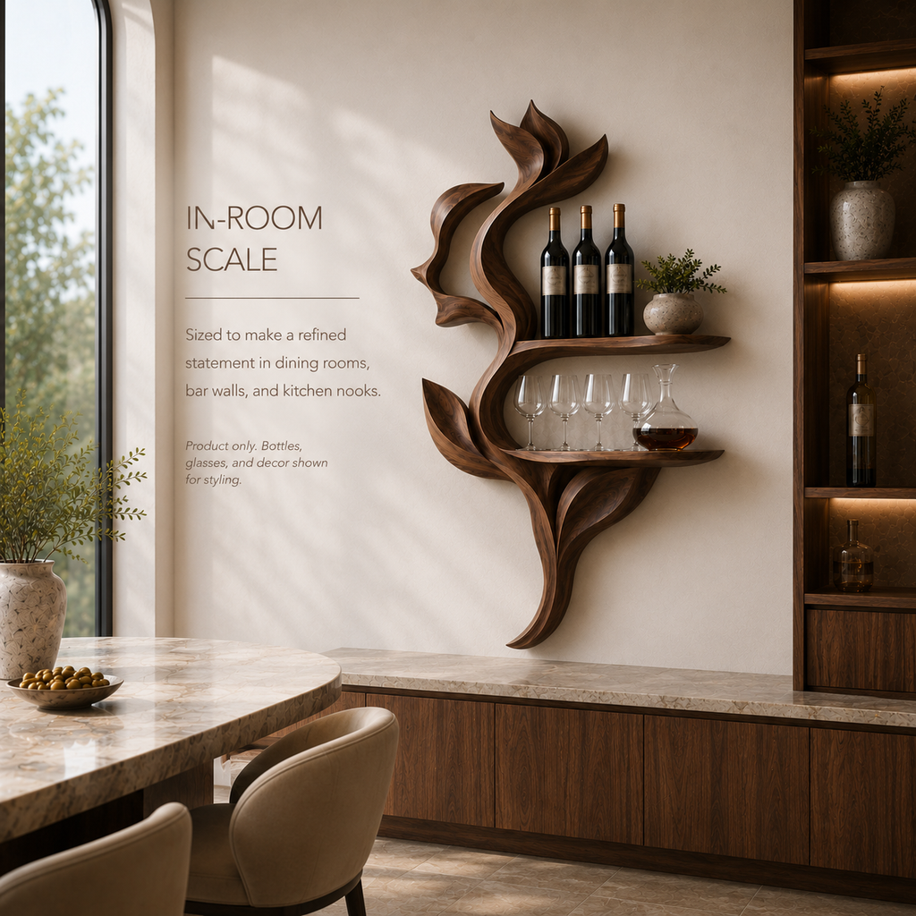 Solid Wood Wall Wine Rack with Glass Holder - Sculptural Flame - product image 04