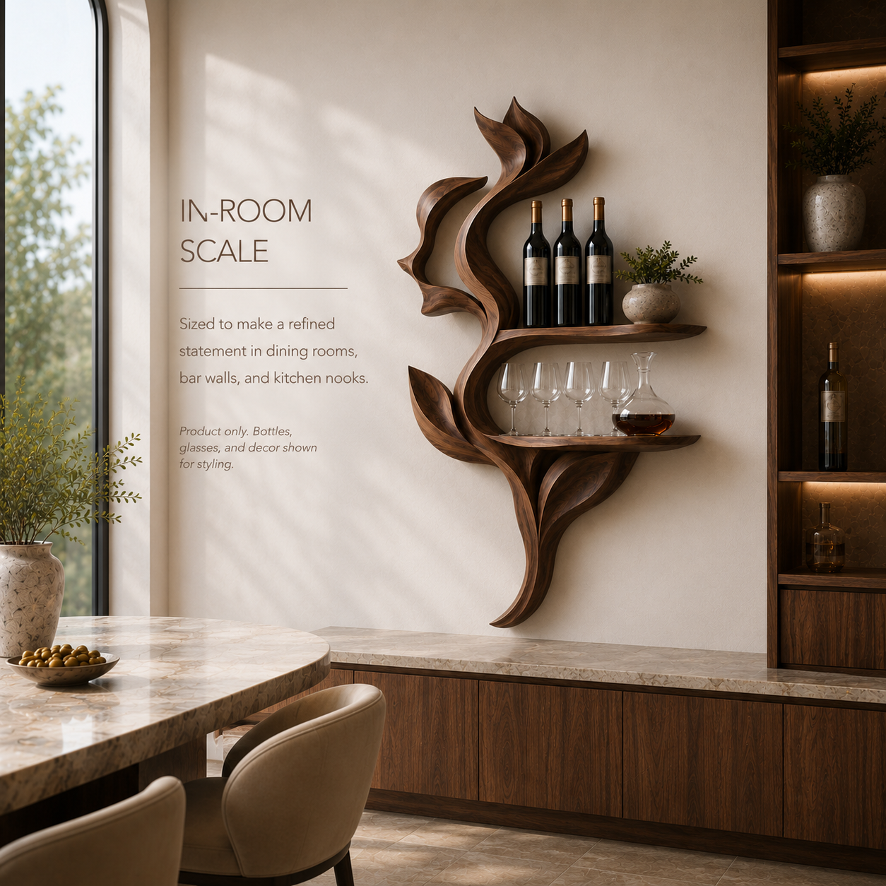 Solid Wood Wall Wine Rack with Glass Holder - Sculptural Flame - product image 04