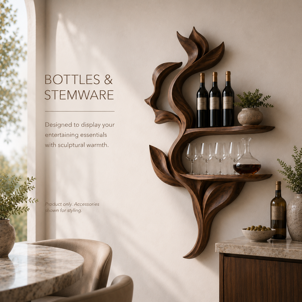 Solid Wood Wall Wine Rack with Glass Holder - Sculptural Flame - product image 06