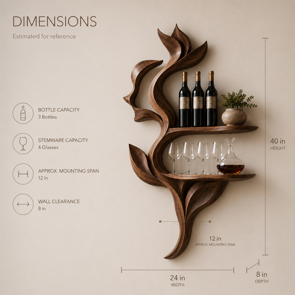 Solid Wood Wall Wine Rack with Glass Holder - Sculptural Flame - product image 07