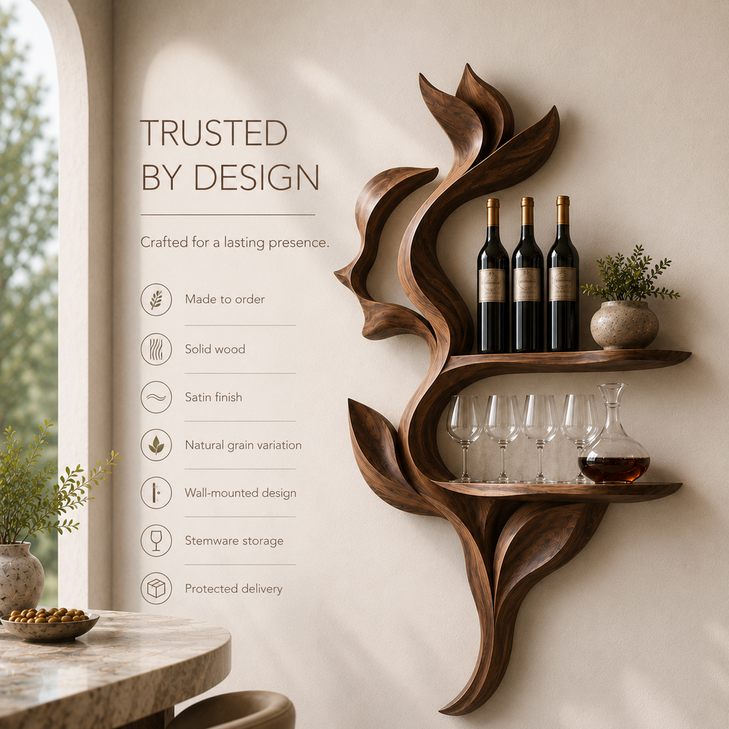 Solid Wood Wall Wine Rack with Glass Holder - Sculptural Flame - product image 08
