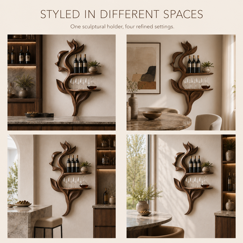 Solid Wood Wall Wine Rack with Glass Holder - Sculptural Flame - product image 09