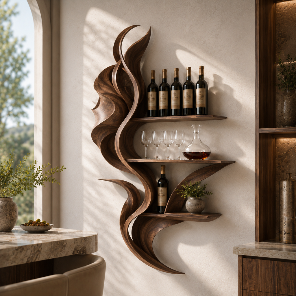 Solid Wood Wall Wine Rack with Glass Holder - Live Edge Gallery - main view