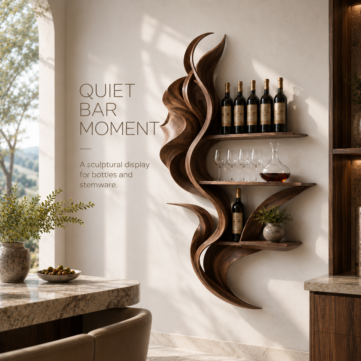 Solid Wood Wall Wine Rack with Glass Holder - Live Edge Gallery - product image 02