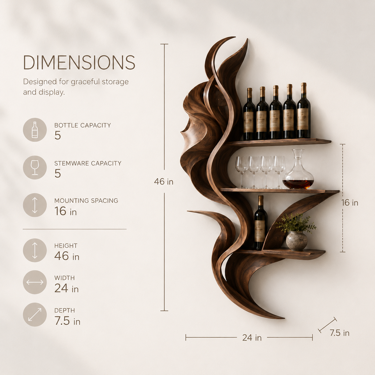 Solid Wood Wall Wine Rack with Glass Holder - Live Edge Gallery - product image 08