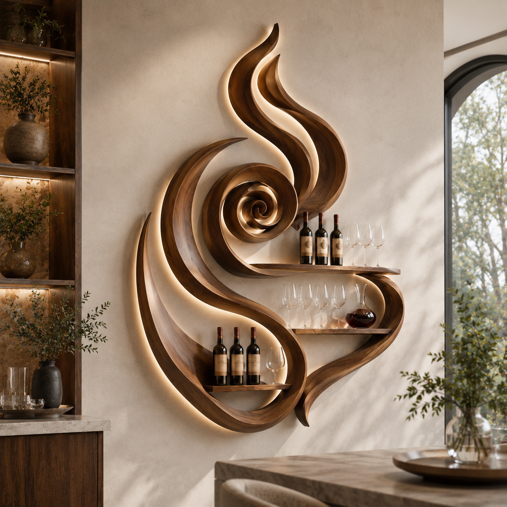 Solid Wood Wall Wine Rack with Glass Holder - Organic Branch - main view