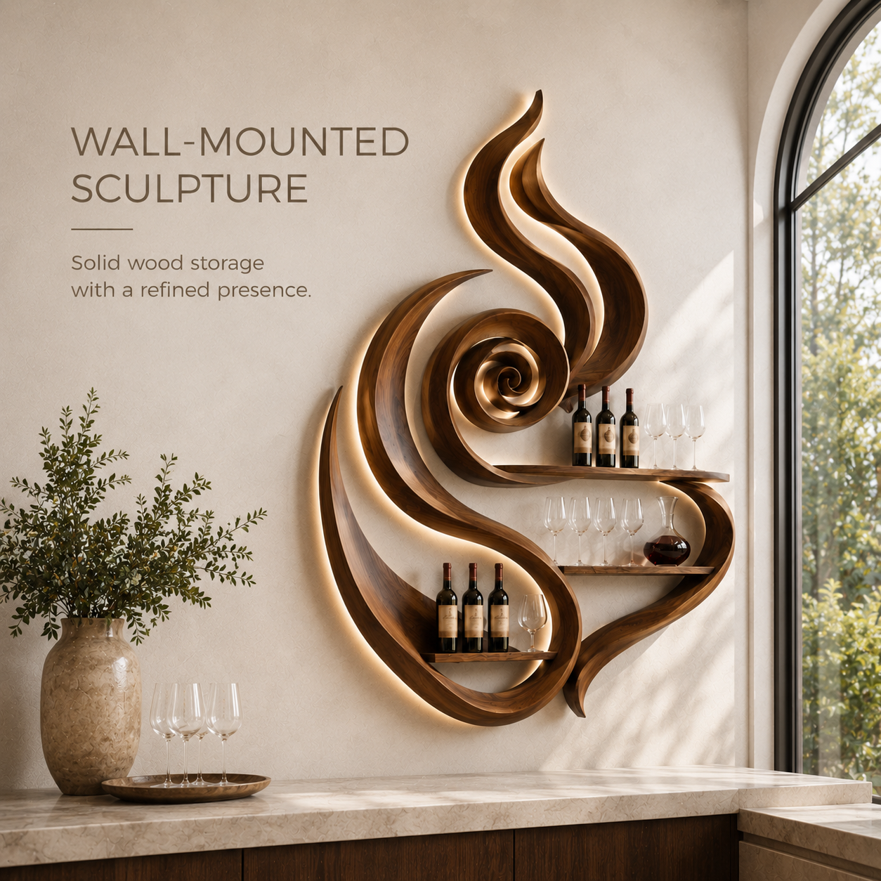 Solid Wood Wall Wine Rack with Glass Holder - Organic Branch - product image 03
