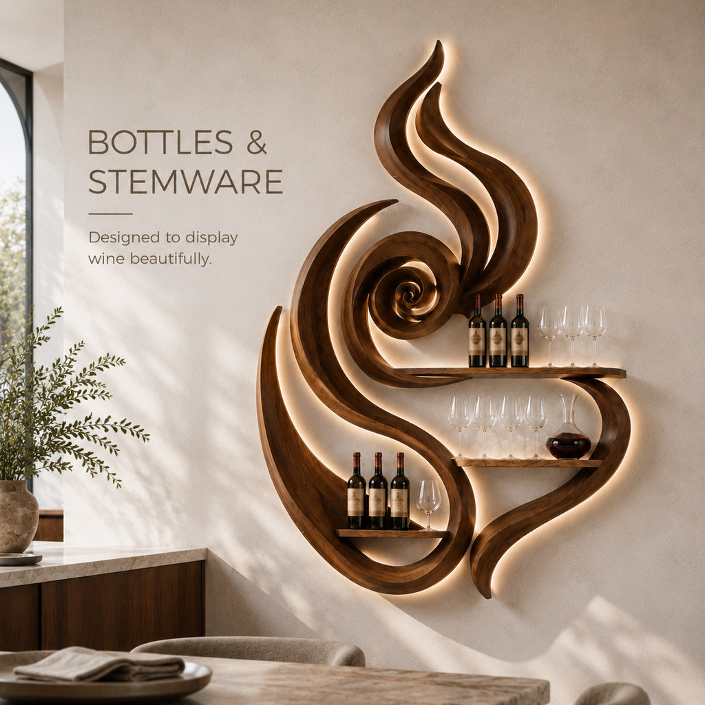 Solid Wood Wall Wine Rack with Glass Holder - Organic Branch - product image 07